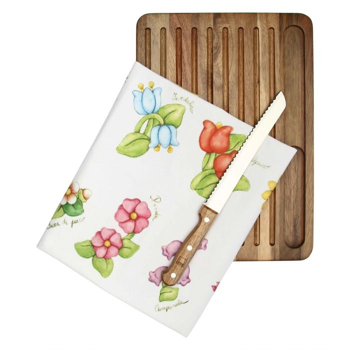 Set tagliere in legno con coltello per pane e canovaccio Country