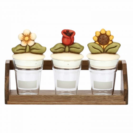 Set 3 barattoli in vetro Country piccoli con supporto in legno