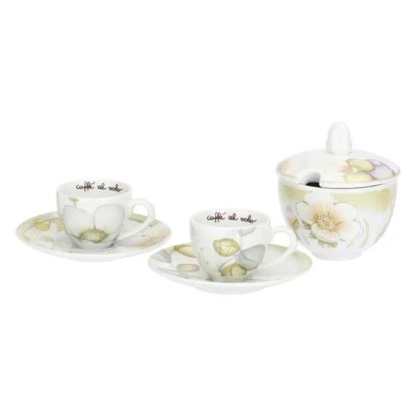 Set 2 tazzine espresso e zuccheriera in porcellana Bloom
